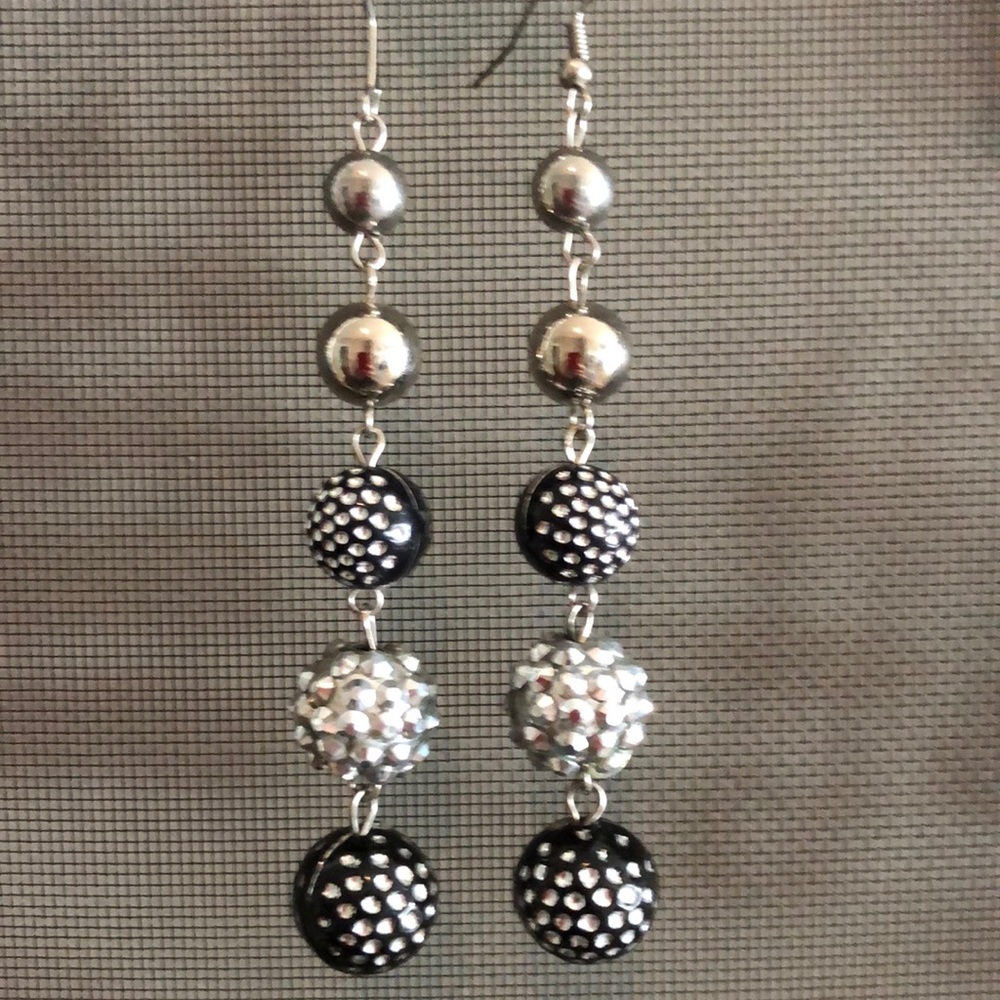 Black Silver Disco ball  earrings 4in drop very lightweight fishhook wires FUN